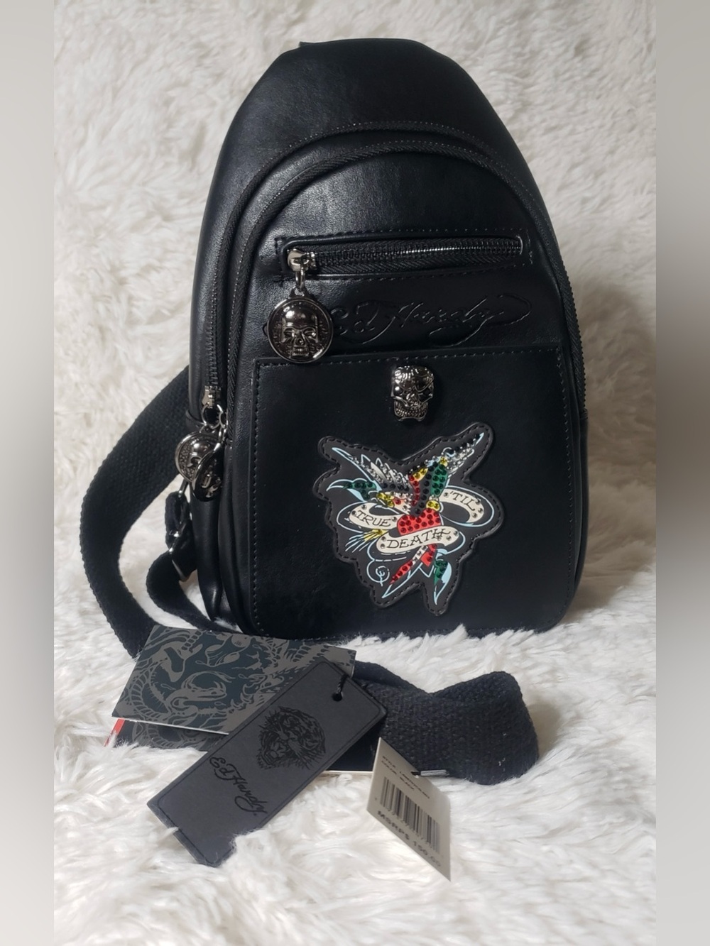 Ed Hardy Black Crossbody Sling Bag with Multicolor Embroidered Patch